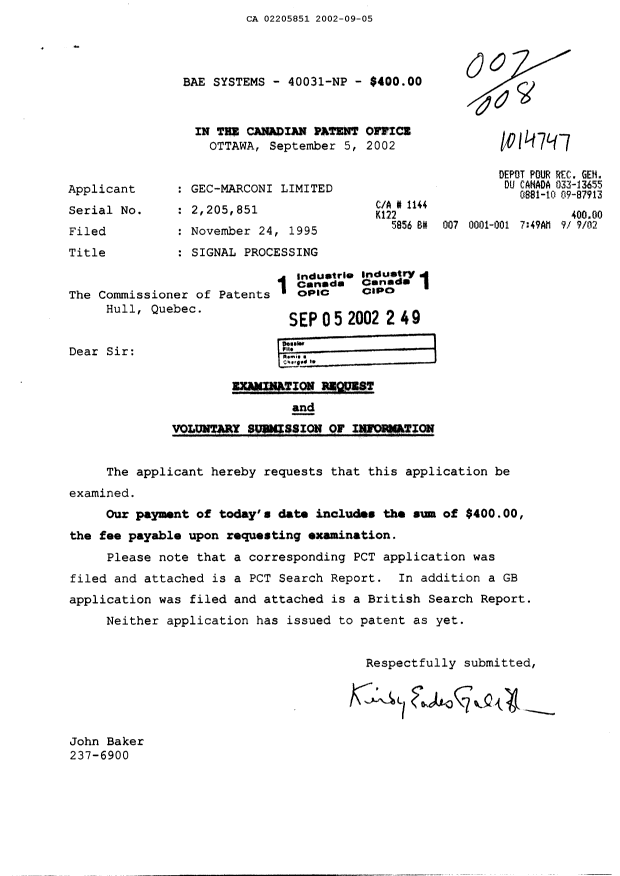 Canadian Patent Document 2205851. Prosecution-Amendment 20020905. Image 1 of 1