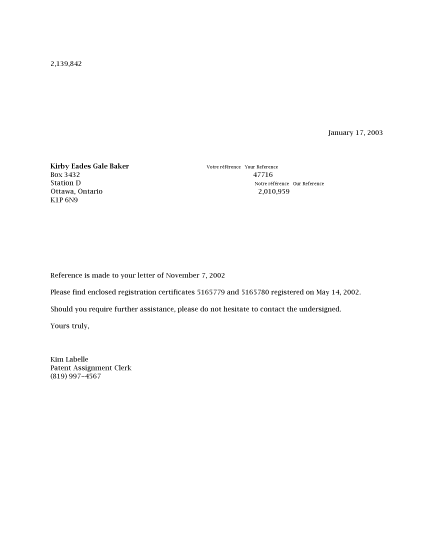 Document de brevet canadien 2205851. Correspondance 20030117. Image 1 de 1