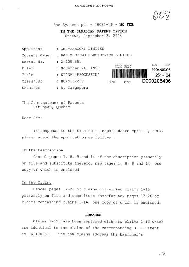 Canadian Patent Document 2205851. Prosecution-Amendment 20040903. Image 1 of 10
