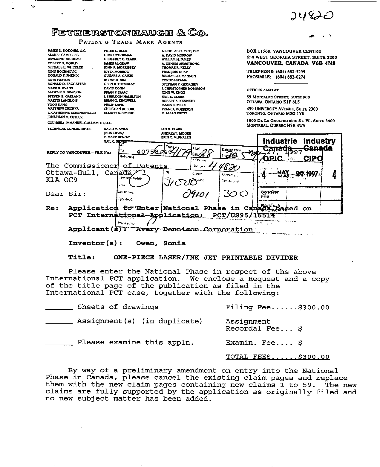 Canadian Patent Document 2206096. Assignment 19970527. Image 1 of 4