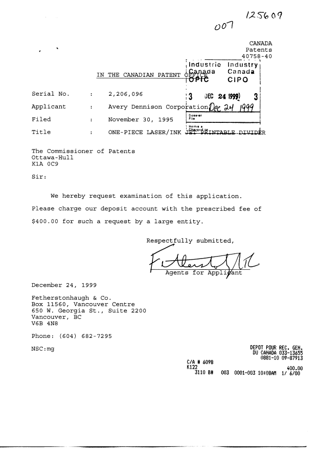 Canadian Patent Document 2206096. Prosecution-Amendment 19991224. Image 1 of 1