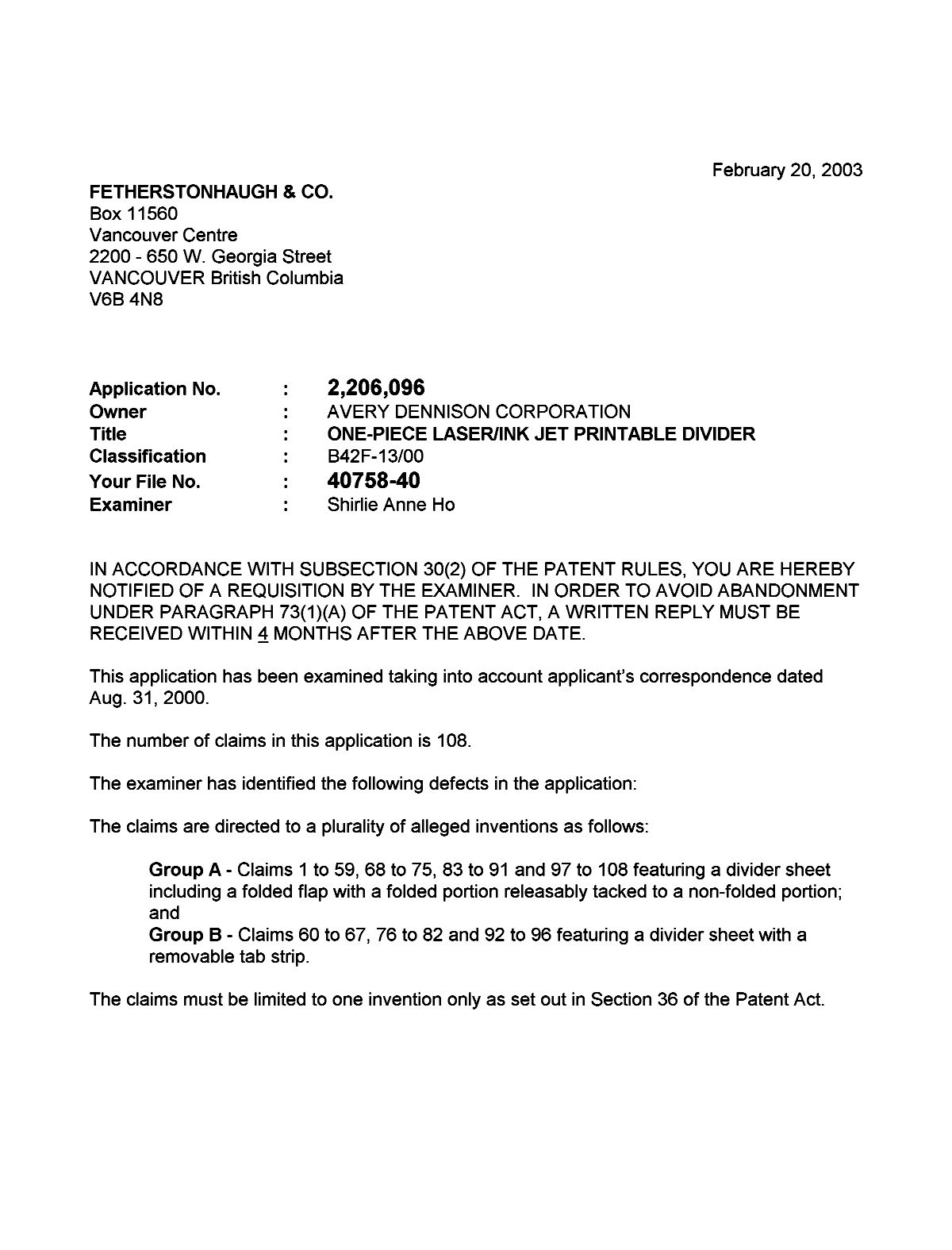 Canadian Patent Document 2206096. Prosecution-Amendment 20030220. Image 1 of 3
