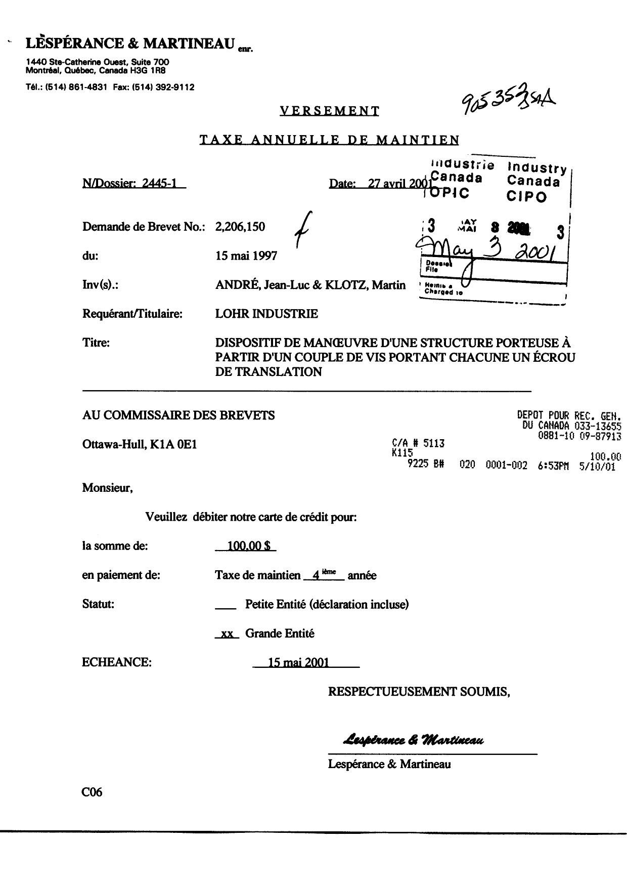 Canadian Patent Document 2206150. Fees 20010503. Image 1 of 1
