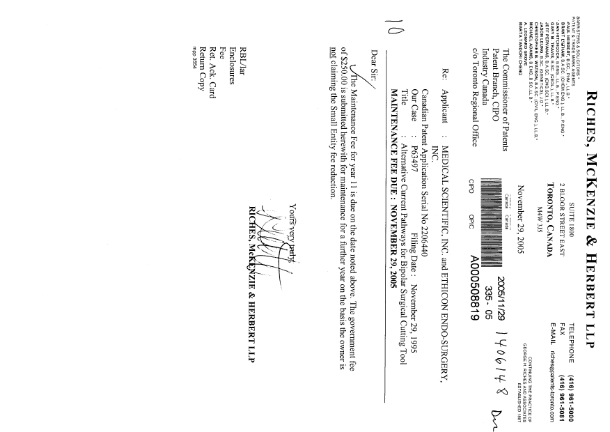 Canadian Patent Document 2206440. Fees 20051129. Image 1 of 1
