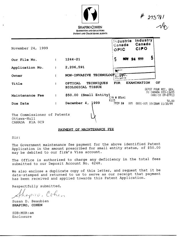 Canadian Patent Document 2206591. Fees 19991124. Image 1 of 1