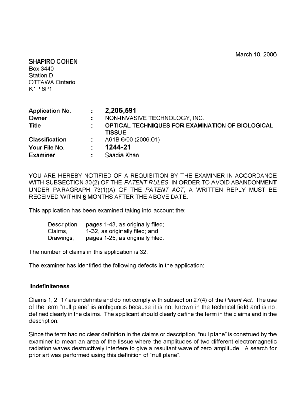 Canadian Patent Document 2206591. Prosecution-Amendment 20060310. Image 1 of 4