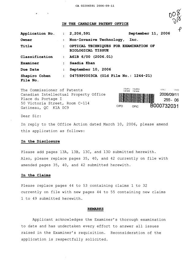 Canadian Patent Document 2206591. Prosecution-Amendment 20060911. Image 1 of 29