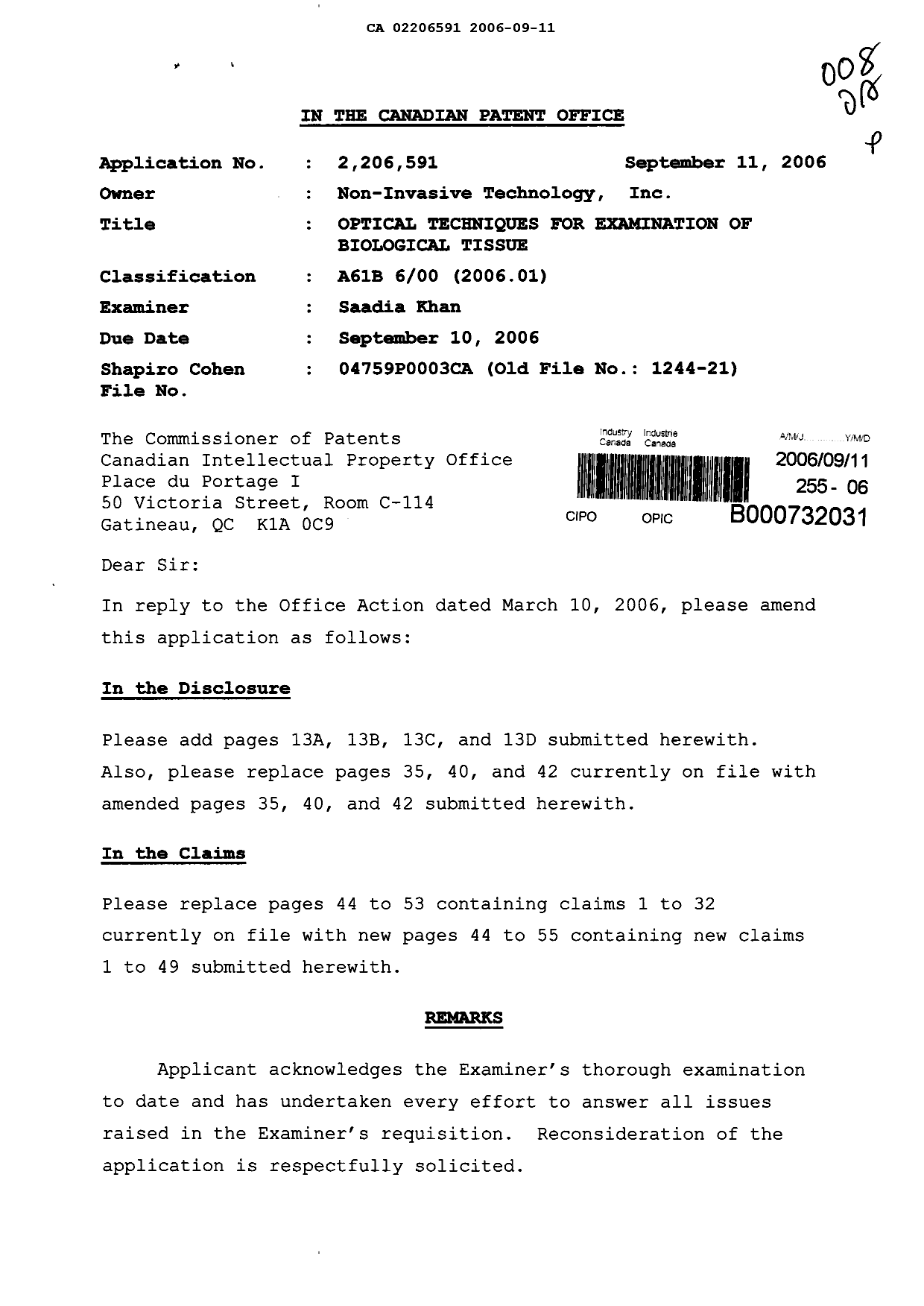 Canadian Patent Document 2206591. Prosecution-Amendment 20060911. Image 1 of 29