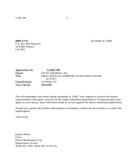 Document de brevet canadien 2206799. Correspondance 20001208. Image 1 de 2