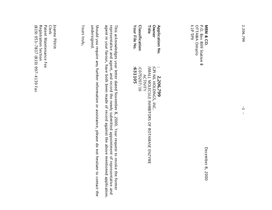 Canadian Patent Document 2206799. Correspondence 20001208. Image 1 of 2