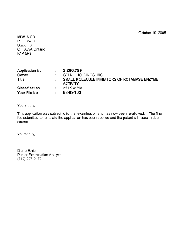 Canadian Patent Document 2206799. Correspondence 20051019. Image 1 of 1