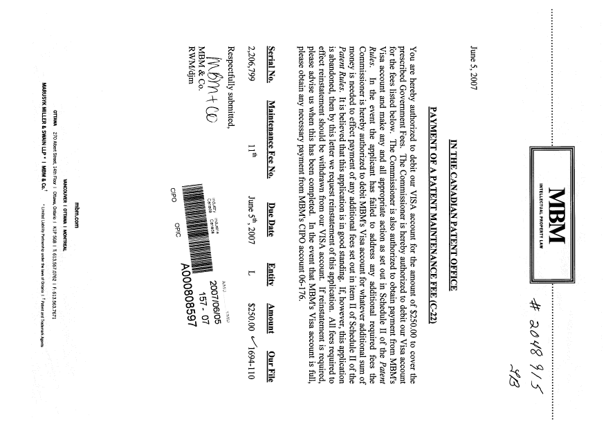 Canadian Patent Document 2206799. Fees 20070605. Image 1 of 1