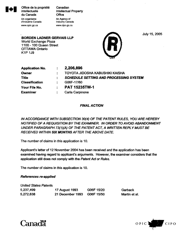 Canadian Patent Document 2206896. Prosecution-Amendment 20041215. Image 1 of 4