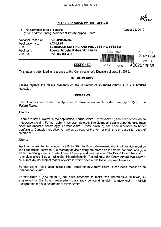 Canadian Patent Document 2206896. Prosecution-Amendment 20111224. Image 1 of 8