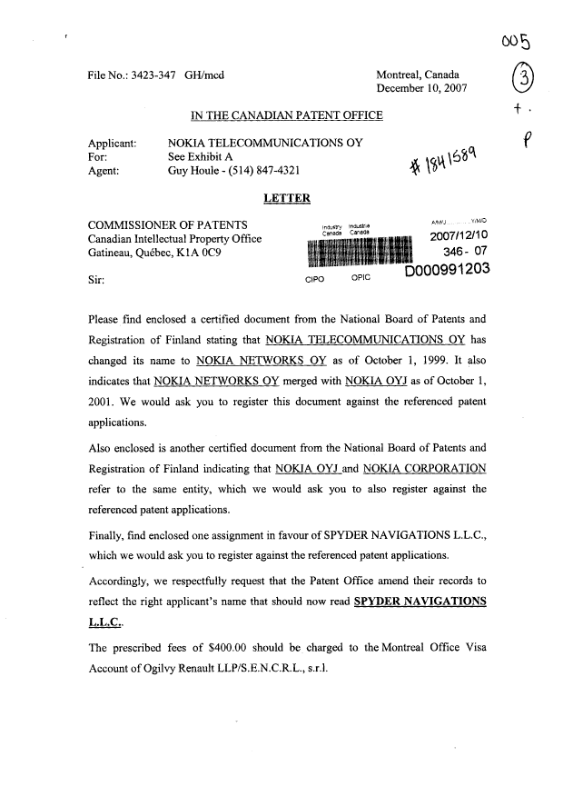 Document de brevet canadien 2207043. Cession 20071210. Image 1 de 9