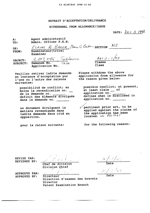 Canadian Patent Document 2207045. Correspondence 19971203. Image 1 of 1