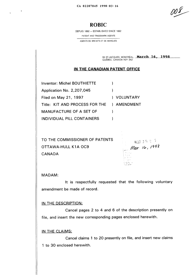 Canadian Patent Document 2207045. Prosecution-Amendment 19971216. Image 1 of 25