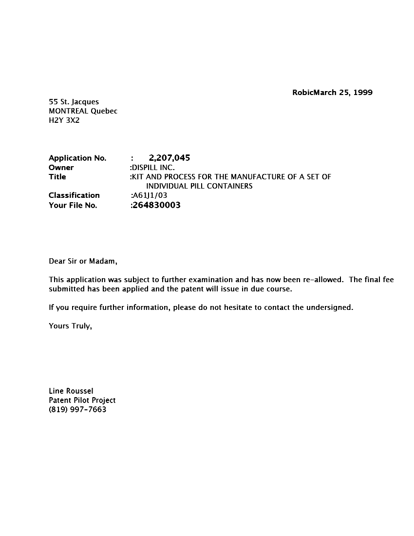 Document de brevet canadien 2207045. Correspondance 19981225. Image 1 de 1