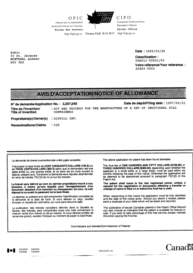 Canadian Patent Document 2207045. Correspondence 19981229. Image 1 of 1
