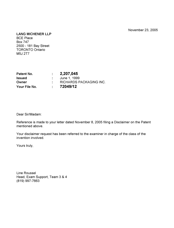Canadian Patent Document 2207045. Correspondence 20041223. Image 1 of 1