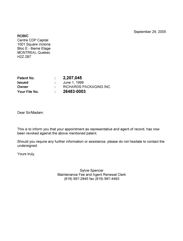 Document de brevet canadien 2207045. Correspondance 20041229. Image 1 de 1