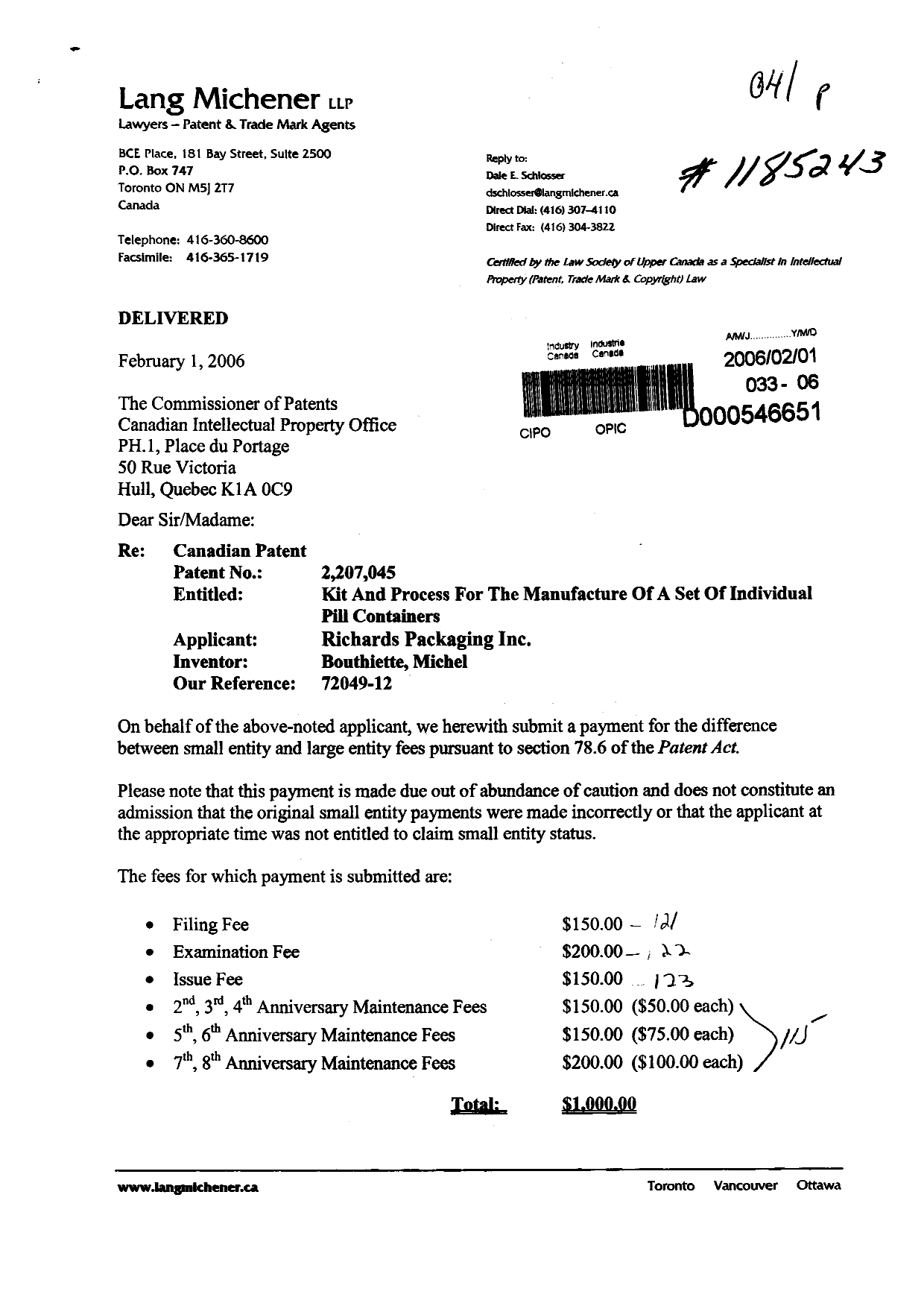 Canadian Patent Document 2207045. Prosecution-Amendment 20051201. Image 1 of 2