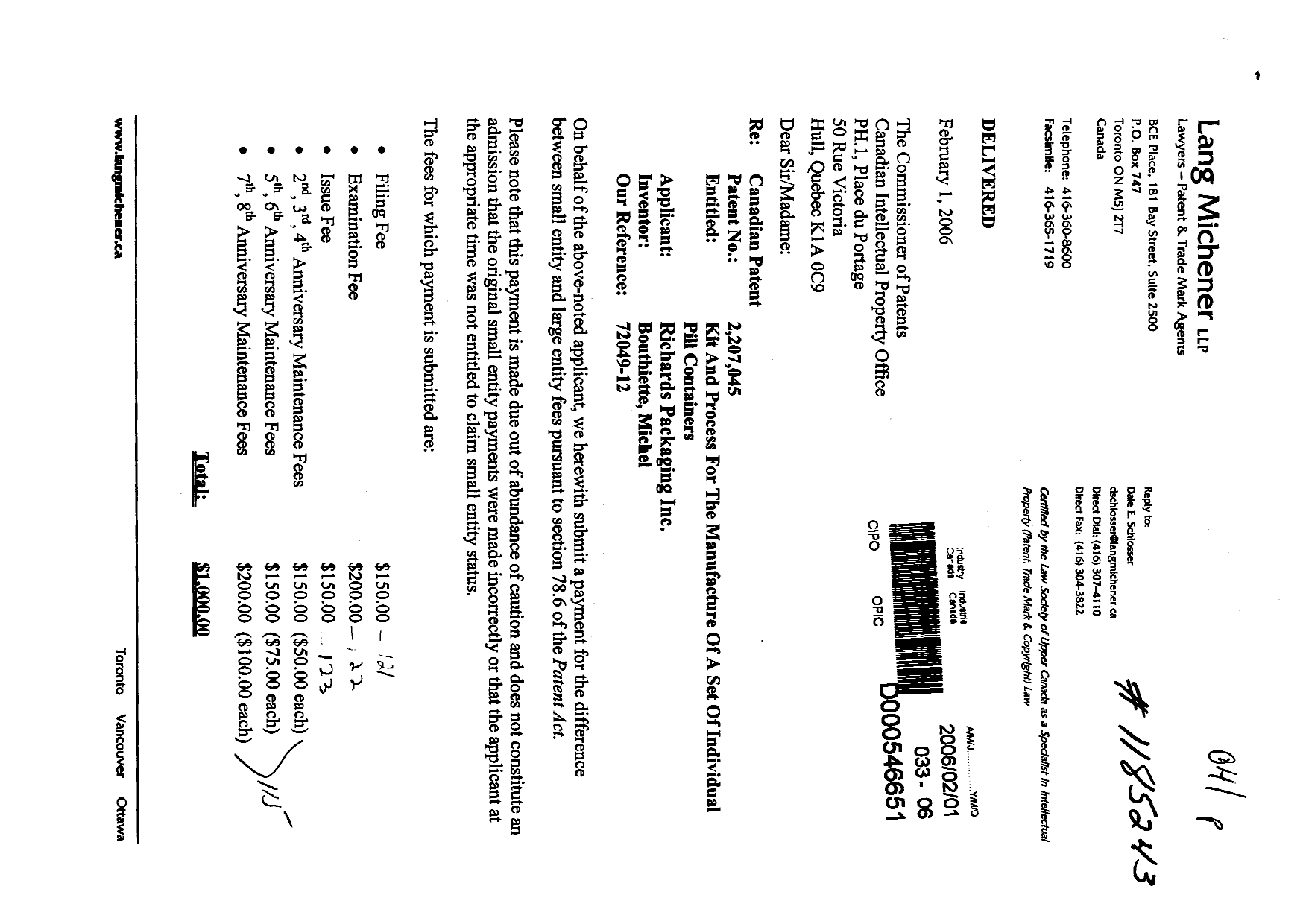 Canadian Patent Document 2207045. Prosecution-Amendment 20051201. Image 1 of 2