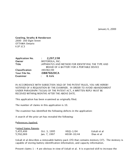 Canadian Patent Document 2207158. Prosecution-Amendment 20000106. Image 1 of 2