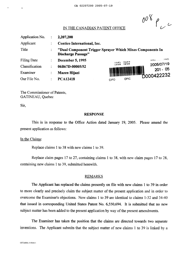 Canadian Patent Document 2207200. Prosecution-Amendment 20050719. Image 1 of 16