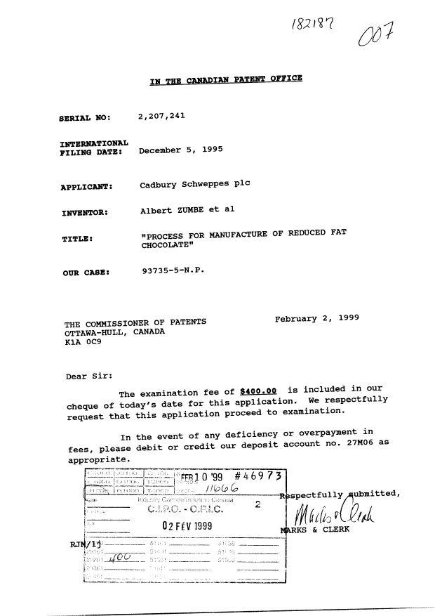 Canadian Patent Document 2207241. Prosecution-Amendment 19990202. Image 1 of 1
