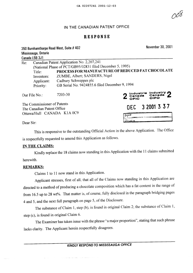 Canadian Patent Document 2207241. Prosecution-Amendment 20011203. Image 1 of 6