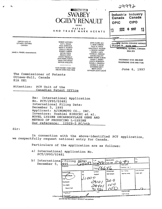 Document de brevet canadien 2207271. Cession 19970606. Image 1 de 4