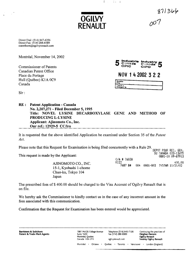 Document de brevet canadien 2207271. Poursuite-Amendment 20021114. Image 1 de 2
