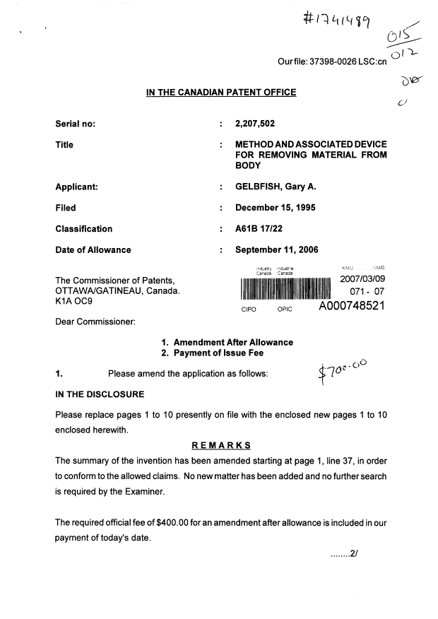Document de brevet canadien 2207502. Correspondance 20070309. Image 1 de 2