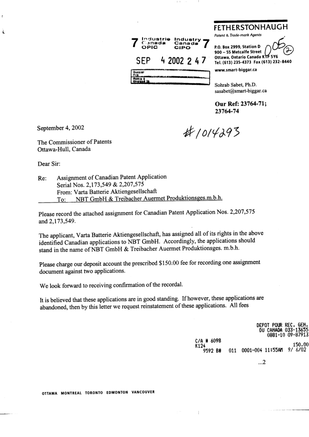 Canadian Patent Document 2207575. Assignment 20020904. Image 1 of 3