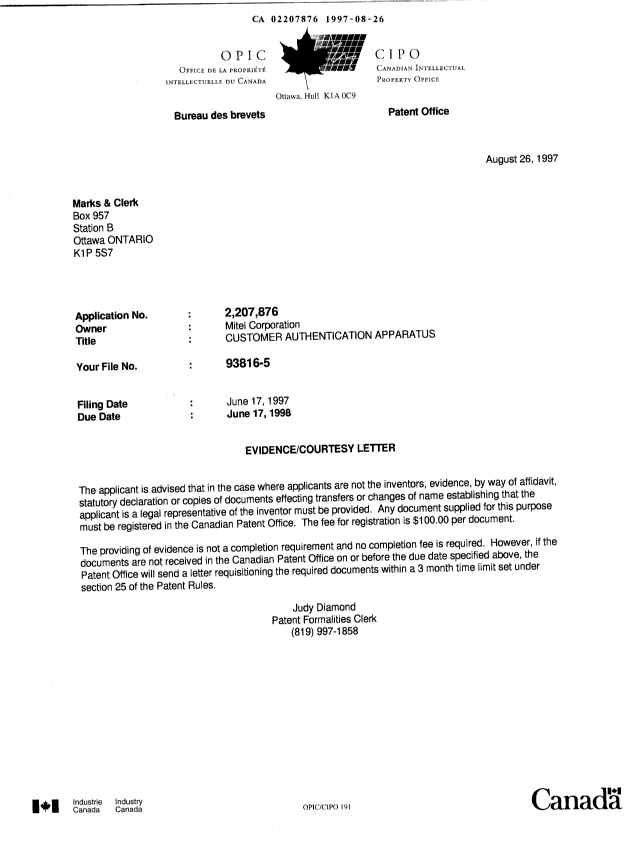 Document de brevet canadien 2207876. Correspondance 19970826. Image 1 de 1