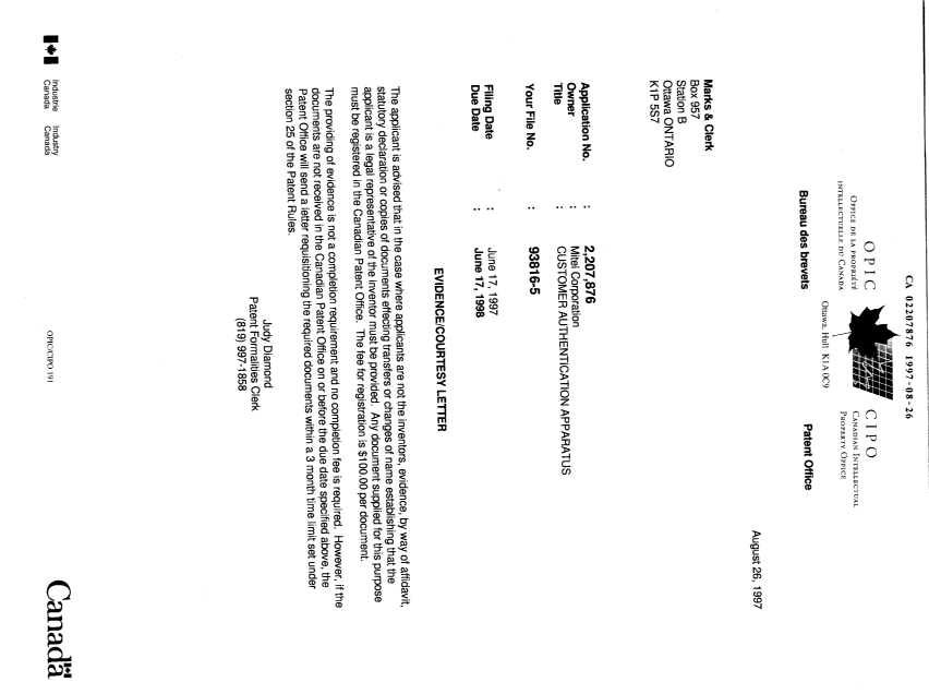 Canadian Patent Document 2207876. Correspondence 19970826. Image 1 of 1