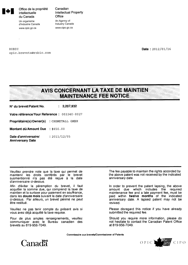 Document de brevet canadien 2207932. Correspondance 20120116. Image 1 de 1