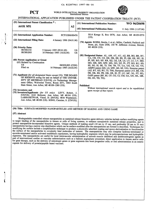 Canadian Patent Document 2207961. Abstract 19961216. Image 1 of 1