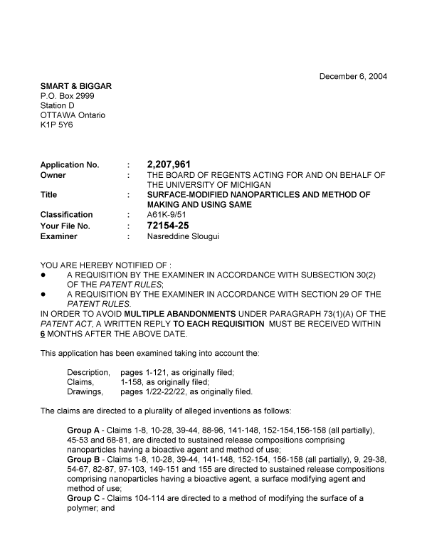 Canadian Patent Document 2207961. Prosecution-Amendment 20031206. Image 1 of 5