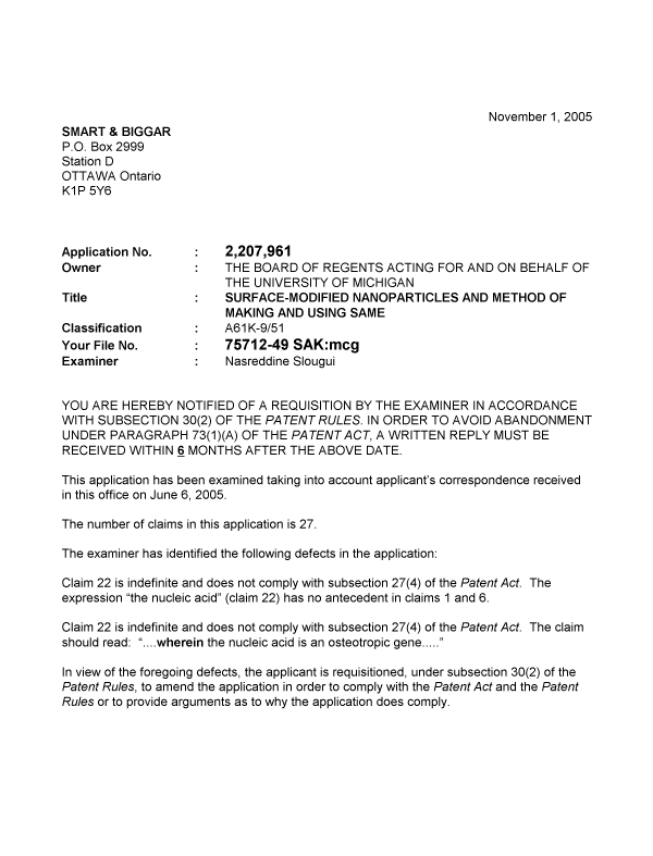 Canadian Patent Document 2207961. Prosecution-Amendment 20041201. Image 1 of 2