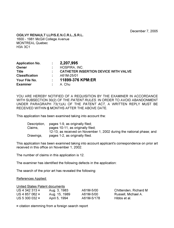 Canadian Patent Document 2207995. Prosecution-Amendment 20051207. Image 1 of 3