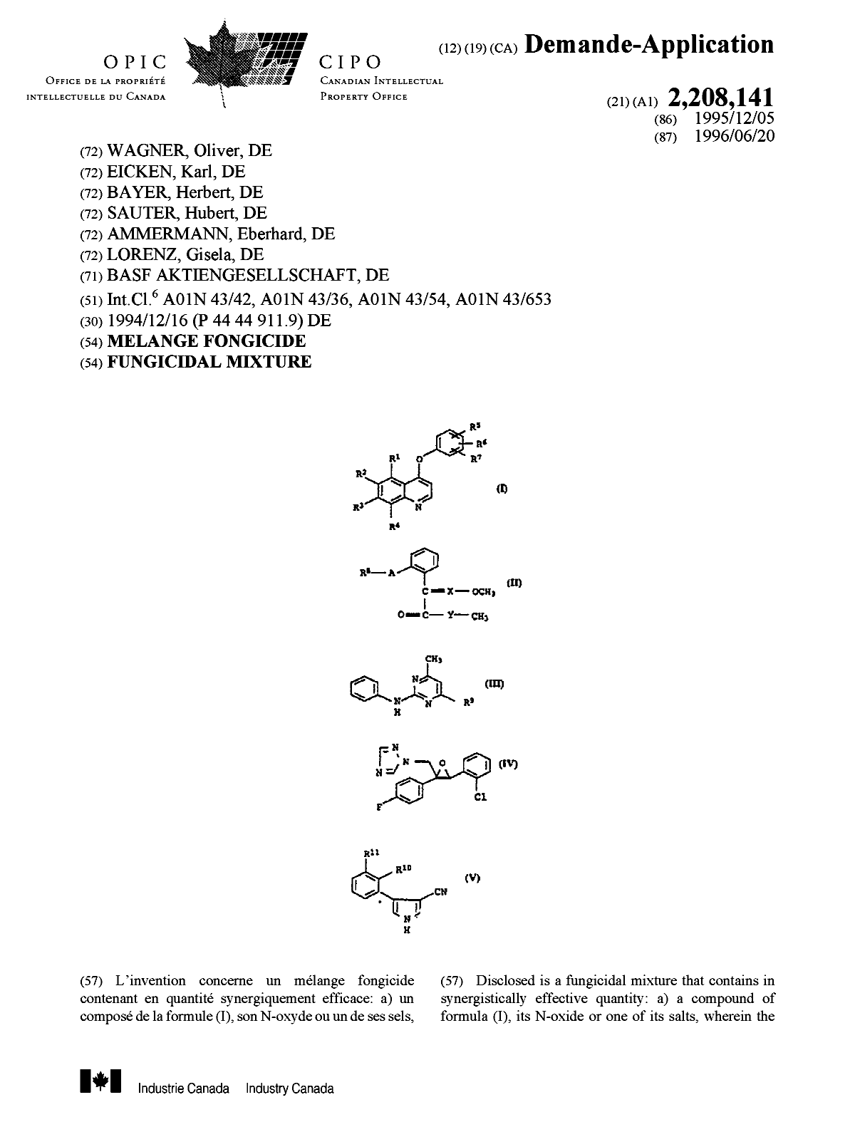 Document de brevet canadien 2208141. Page couverture 19970930. Image 1 de 2