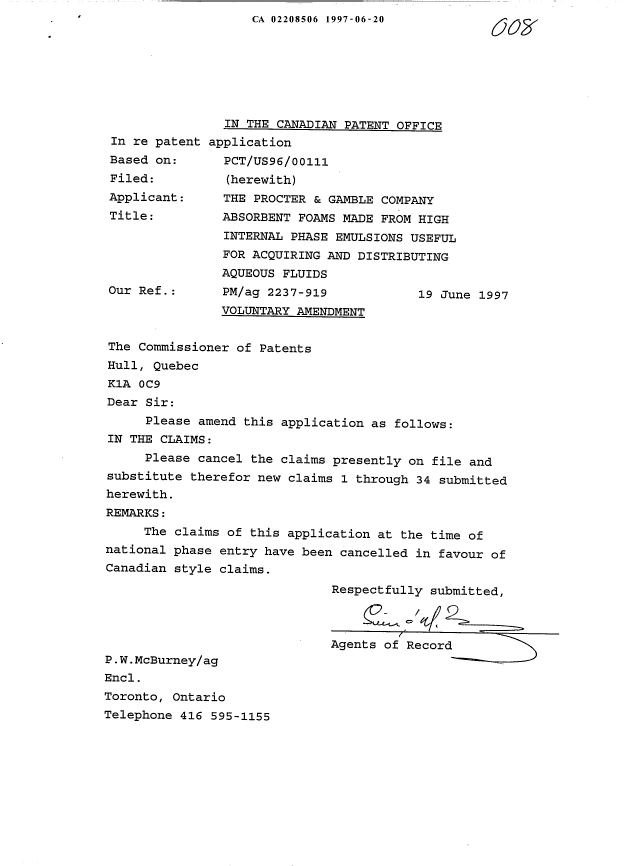 Document de brevet canadien 2208506. Poursuite-Amendment 19961220. Image 1 de 12