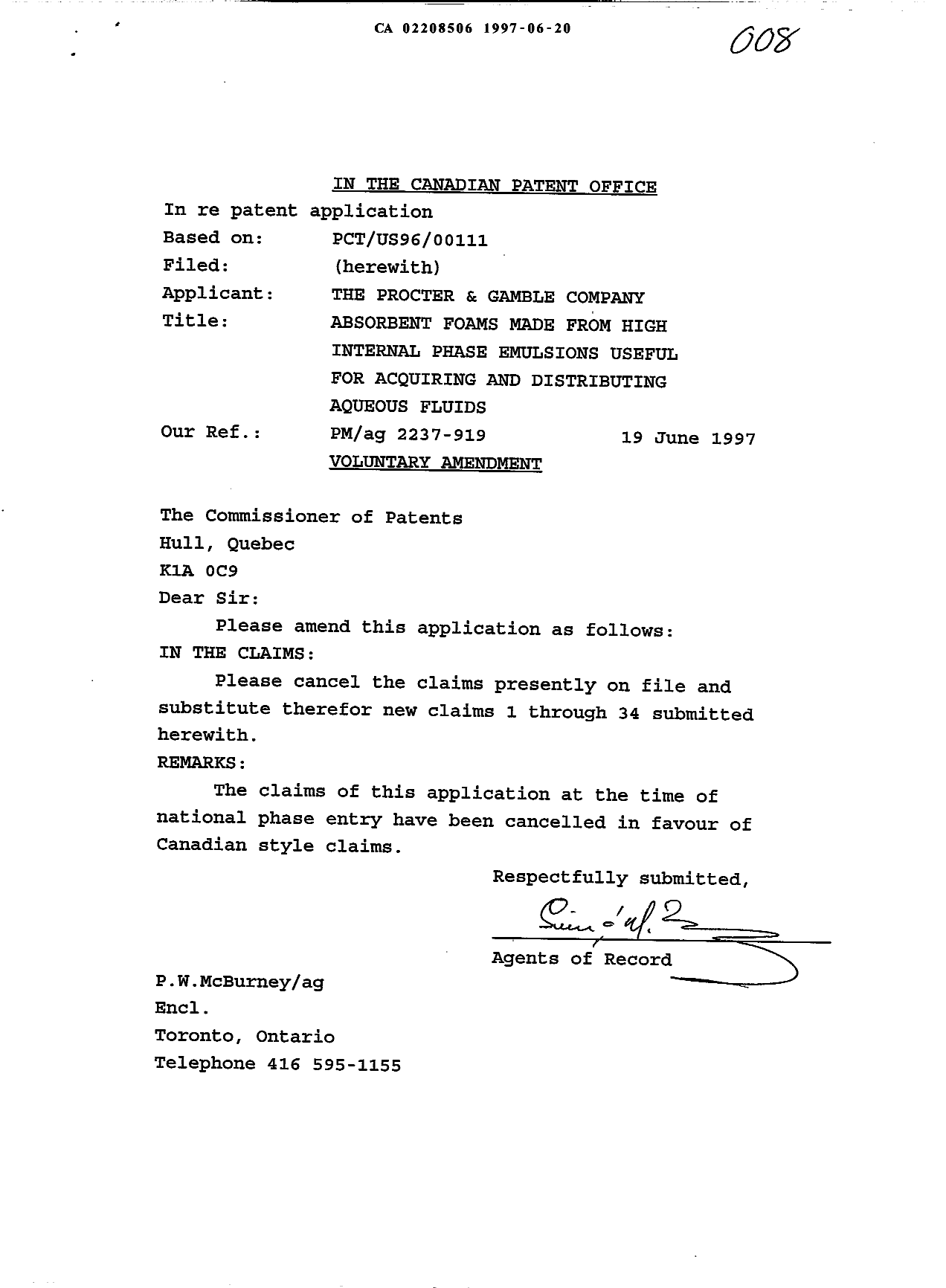 Document de brevet canadien 2208506. Poursuite-Amendment 19961220. Image 1 de 12
