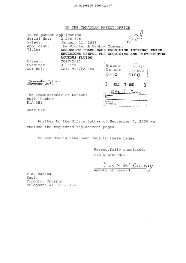 Canadian Patent Document 2208506. Correspondence 19991207. Image 1 of 19