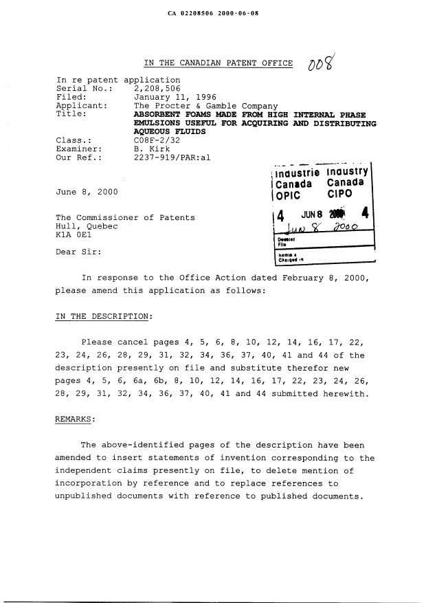 Canadian Patent Document 2208506. Prosecution-Amendment 19991208. Image 1 of 27