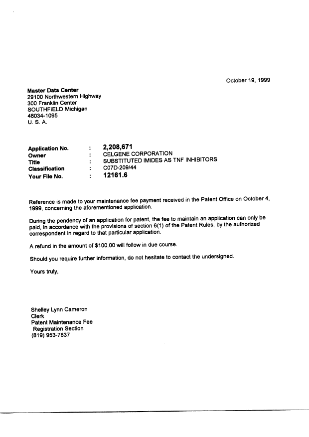 Canadian Patent Document 2208671. Correspondence 19991019. Image 1 of 1