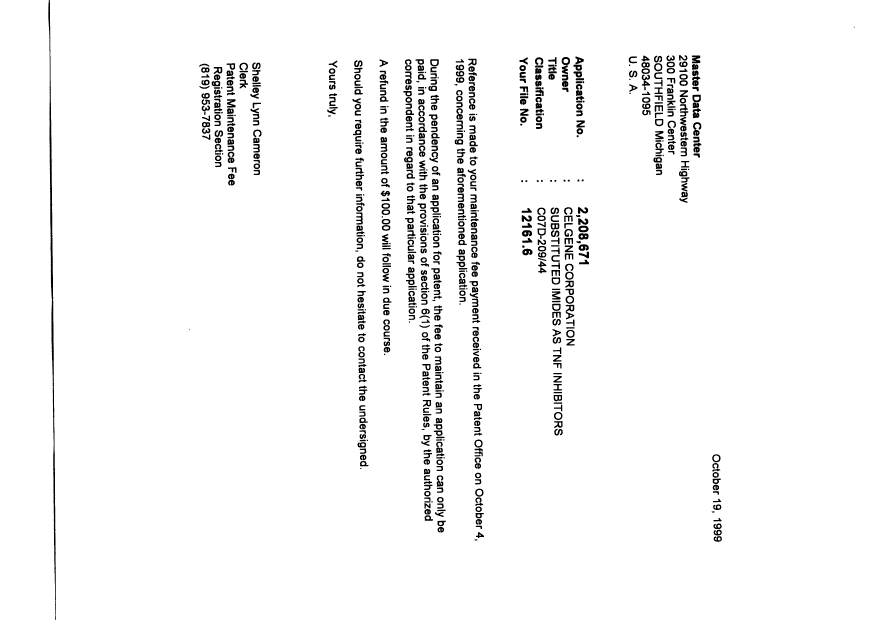 Canadian Patent Document 2208671. Correspondence 19991019. Image 1 of 1