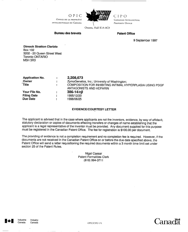 Document de brevet canadien 2208673. Correspondance 19961209. Image 1 de 1